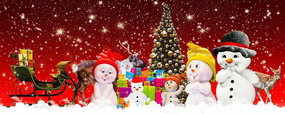 natal, pohon natal, manusia salju, keluarga, memberi, sukacita, kejutan, rusa, rusa roe, slide