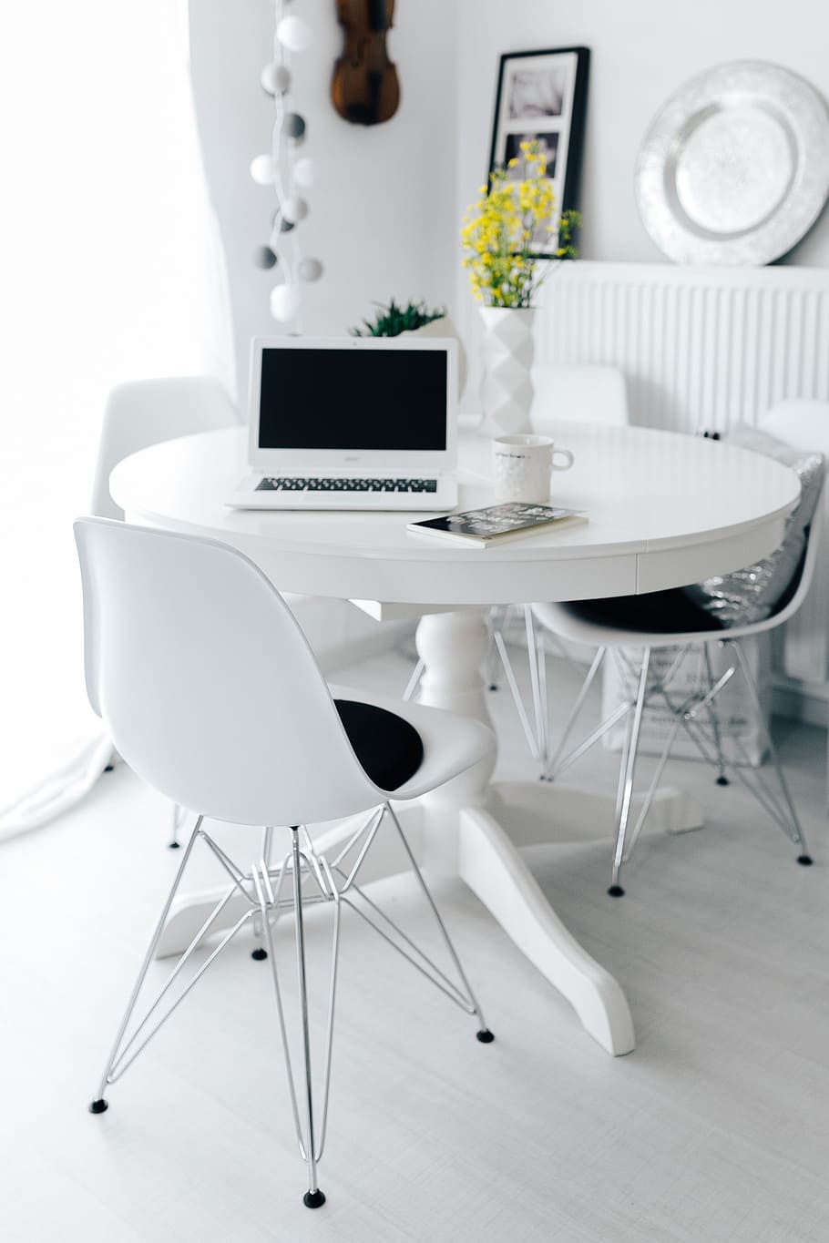 tempat kerja, laptop, meja, rumah, interior, minimal, minimalis, ruang, putih, kantor