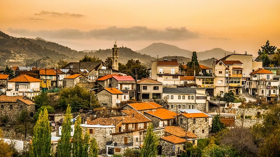 village, architecture, houses, traditional, mediterranean, view, sunset, mountain, troodos, kyperounta