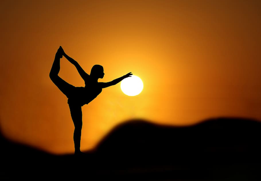 гимнастка, закат, силуэт, занятие спортом, женщина, йога, закат солнца, один человек, оранжевый цвет, небо