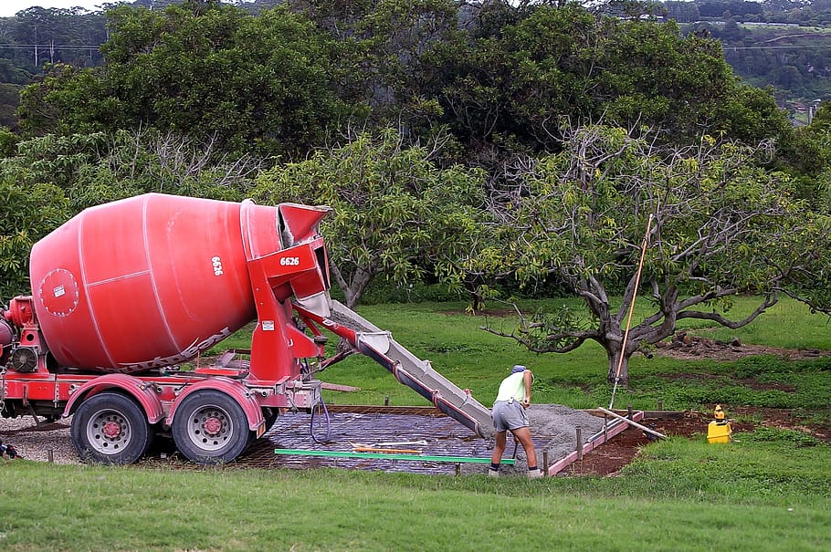 concrete, mixer, pouring, foundation, work, building, construction, plant, tree, day