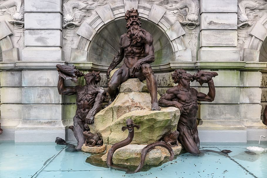 figuras de bronze, fonte de netuno, biblioteca, congresso, washington dc, dc., bronze, fonte, washington, dc