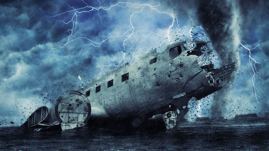 plane, wreckage, storm, tornado, lightening, bad weather, rain, destruction, crash, abandoned