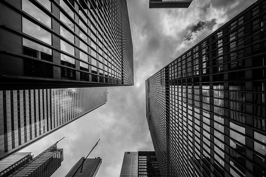 buildings, towers, high rises, architecture, city, dark, storm, clouds, cloudy, black and white