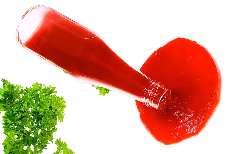 ketchup, derramado, tomate, garrafa, plano de fundo, comida, molho, isolado, natural, branco