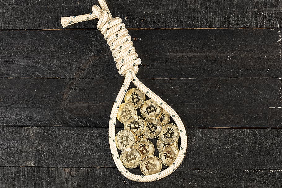 bitcoin, hang, currency, knot, rope, wooden board, wood - material, directly above, table, indoors