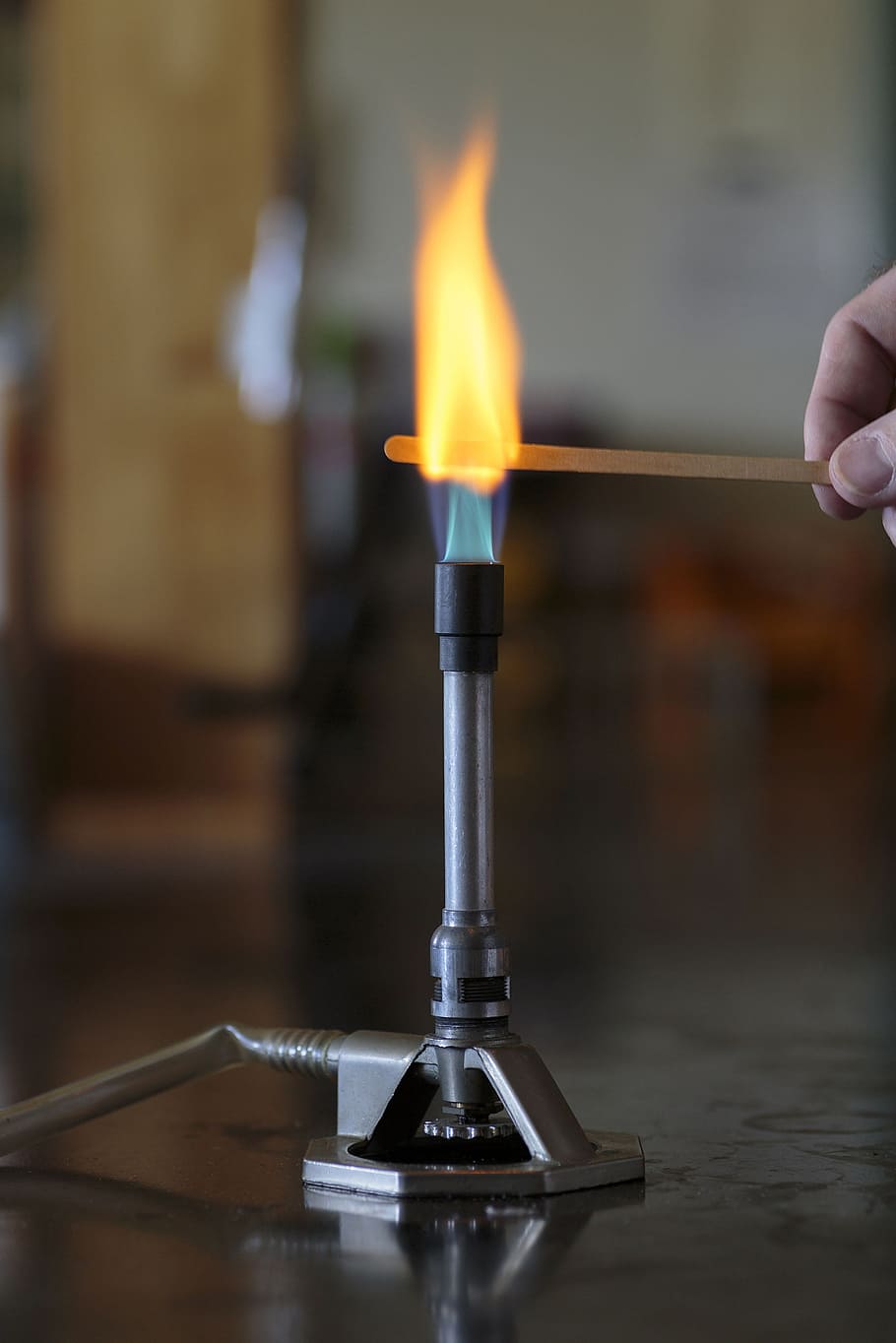 sodium solution, burning, wooden, splint, bunsen burner flame, flame., chemistry, flame, metals, salts