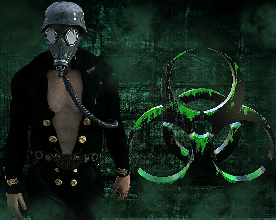 máscara de gás, stahlhelm, homem, fundo, risco biológico, risco, biológico, tóxico, símbolo, aviso