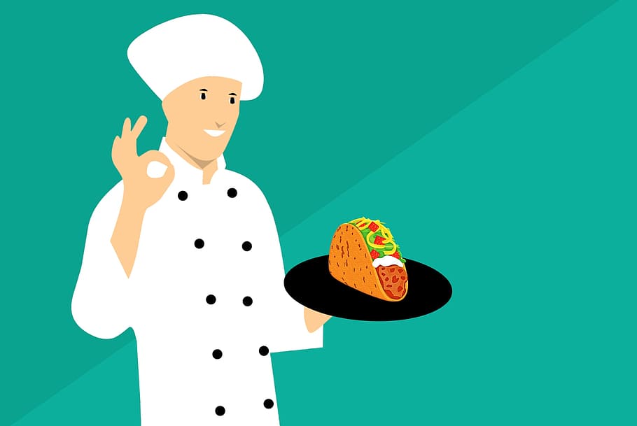 ilustração, chef, tacos., taco, desenho animado, cozinha, mexicano, sombrero, homem, comida