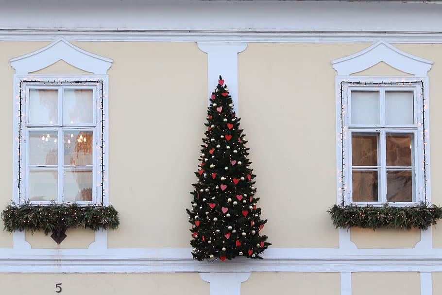 building front, christmas decoration, outdoor, exterior, window, style, facade, christmas, celebration, christmas tree