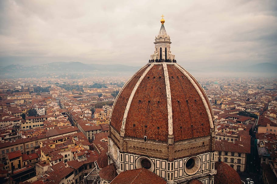 Antena, vista, basílica en la azotea, la catedral de Florencia, arquitectura, catedral, iglesia, paisaje urbano, colorido, cruz