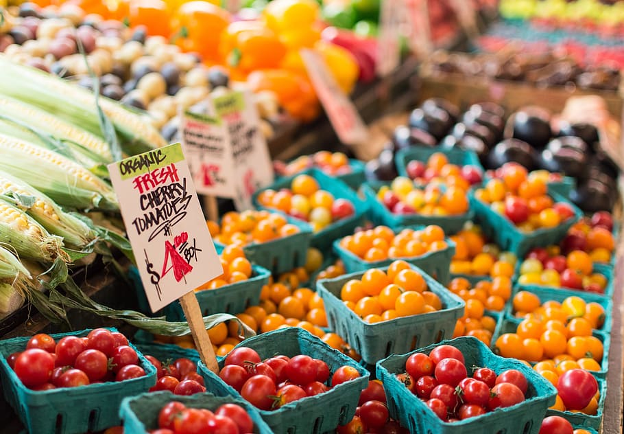 cereza, tomates, frutas, maíz, mercado, vender, firmar, precio, naranja, alimentos