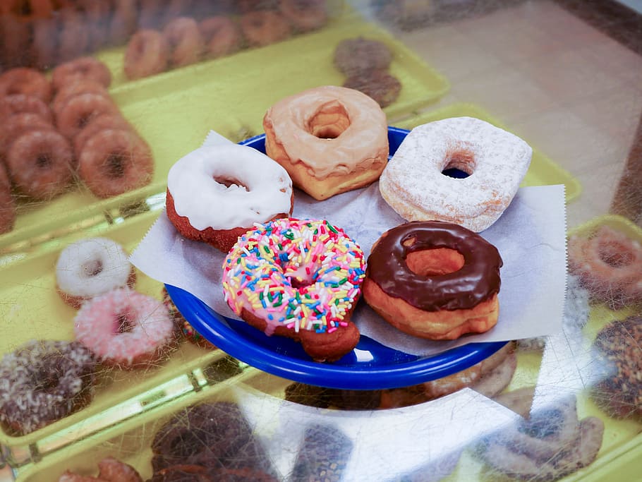 five, donuts, sitting, blue, plate., bakery, breakfast, calories, chocolate, colorful