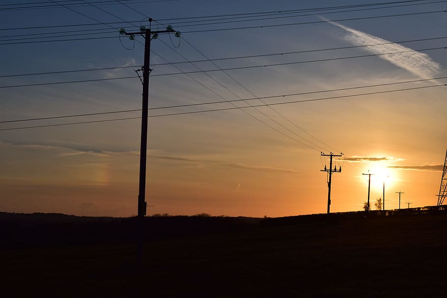 sunset, powerlines, wales, silhouette, electricity, sky, cable, power line, power supply, electricity pylon