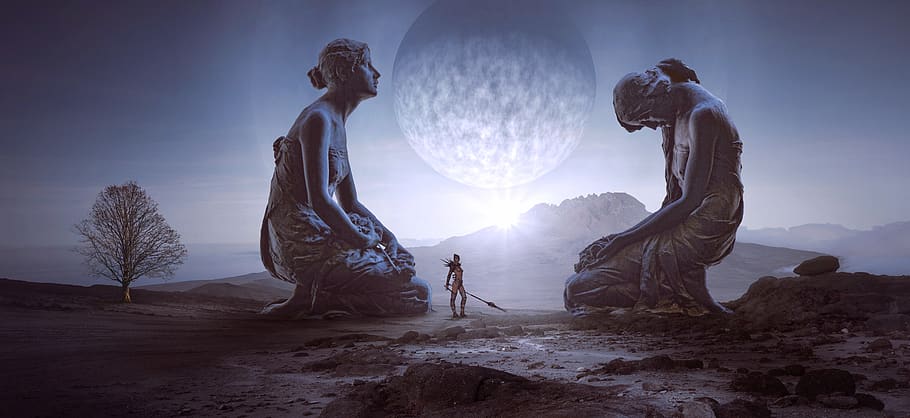 fantasy, figures, planet, woman, light, statue, surreal, mysterious, mystical, atmosphere
