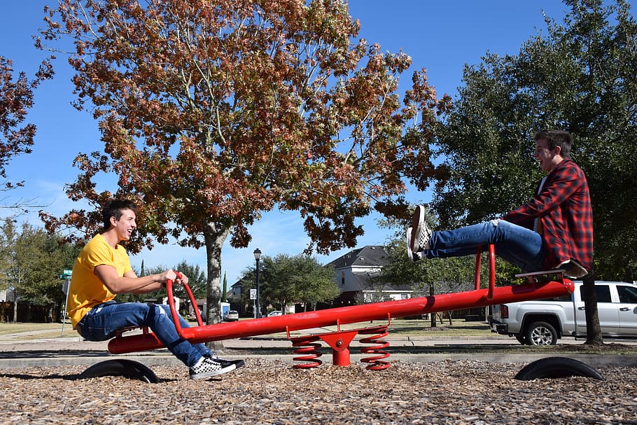 clone, seesaw, outdoors, park, fun, tree, full length, plant, real people, casual clothing