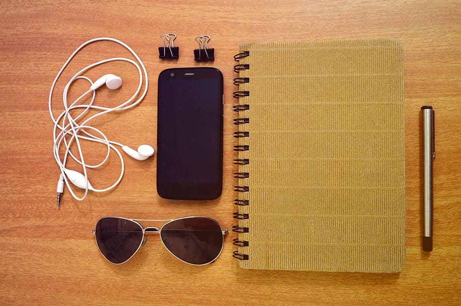 personal, book, business, ear phone, glass, leisure, mobile, notes, smart phone, study