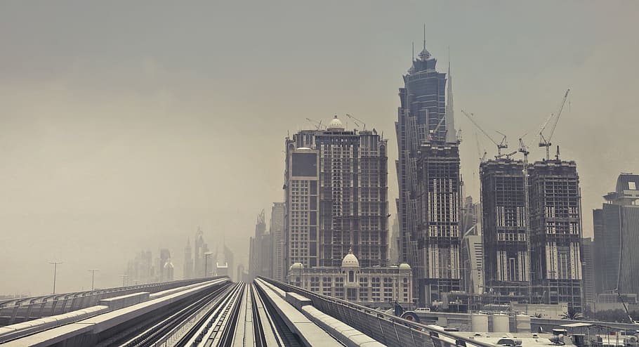sand fog, engulfed, skyscrapers, metro train track, dubai, Fog, Line, Railroad, Sand, Smog