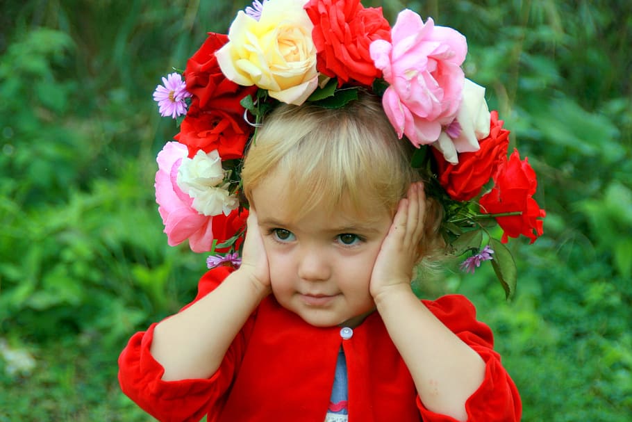 niña, niño, humano, actividad, rojo, blanco, Flor, retrato, planta floreciente, planta
