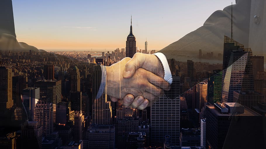 handshake, contract, buyer, dealer, shaking hands, company, skyscrapers, office, office building, financial world