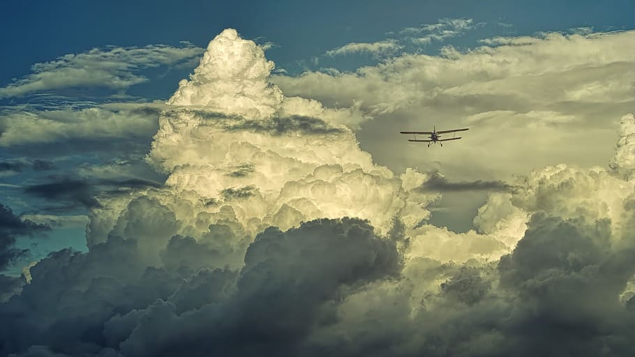 kecil, pesawat, awan, transportasi, terbang, avaition, dramatis, langit biru, penerbangan, sayap