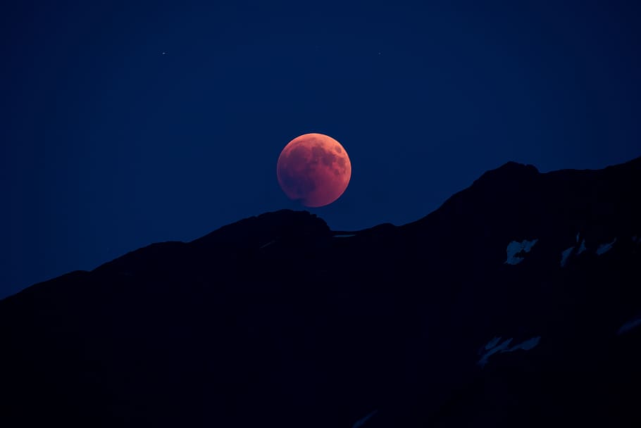 night photograph, full moon, blood moon, lunar eclipse, sky, beauty in nature, night, scenics - nature, mountain, space