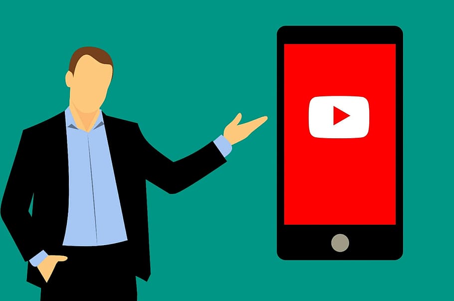 mobile, phone, youtuve app, -, illustration, man, pointing, device., youtube, smartphone