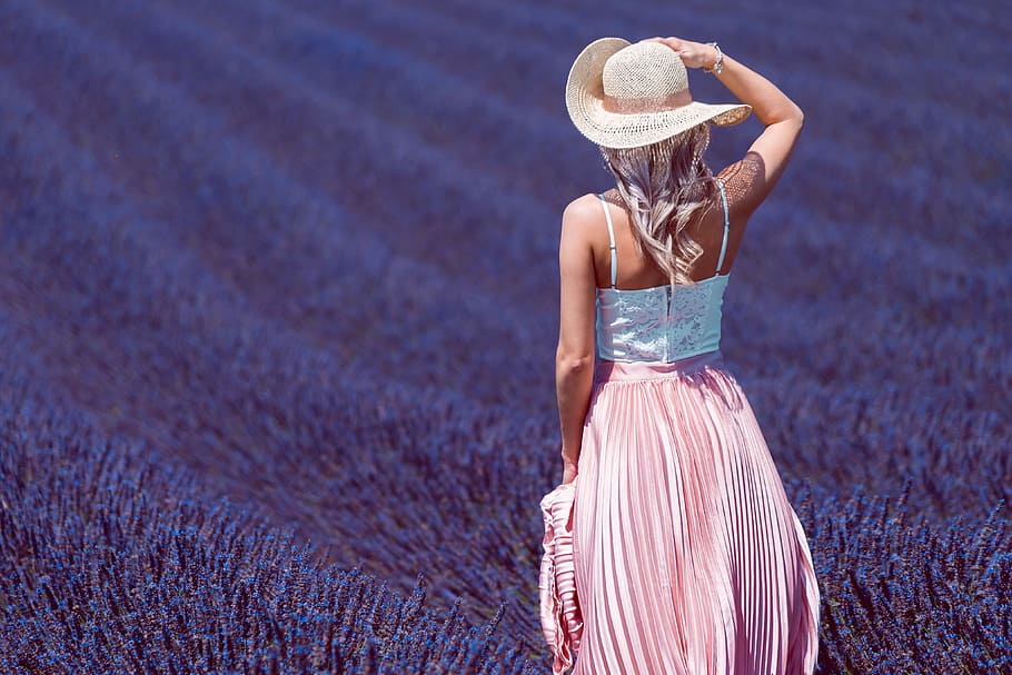 woman, lavender, field, blonde, dress, eco, farm, farmers, fashion, fields