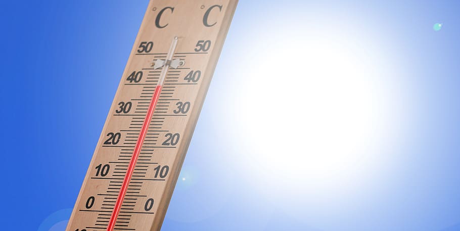 termômetro, verão, calor, sol, temperatura, energia, céu, clima, extremamente, instrumento de medição