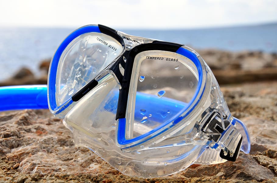 mergulho, máscara de mergulho, água, mar, snorkel, mundo subaquático, fechar-se, terra, praia, foco em primeiro plano