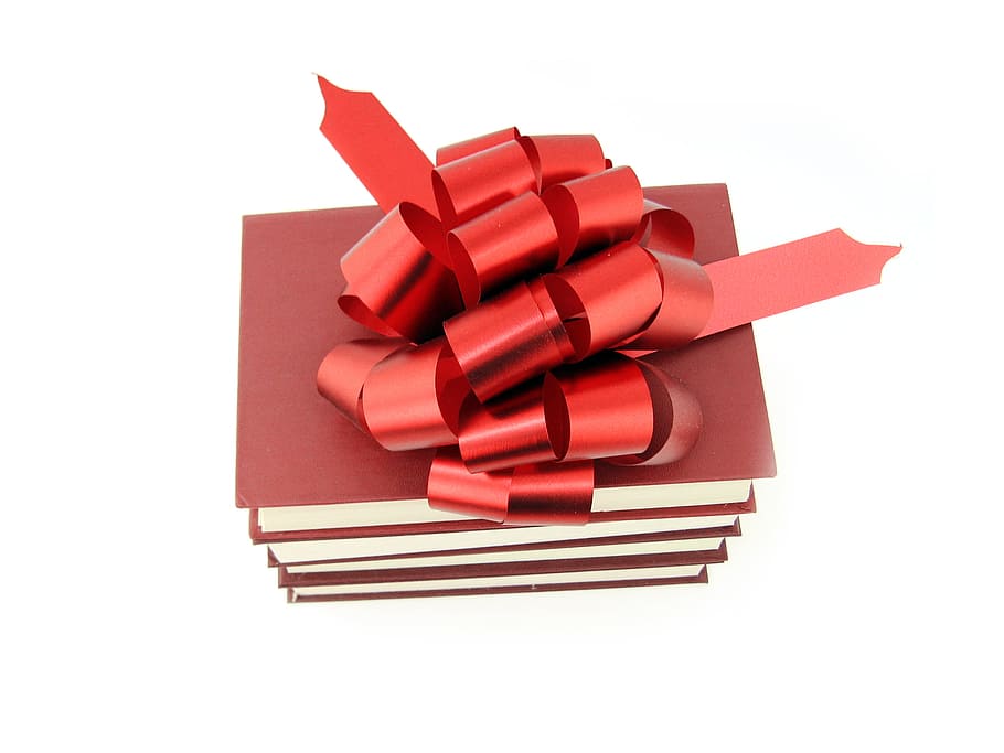 present, book, books, red, bow, isolated, decoration, bowing, anniversary, three-dimensiona