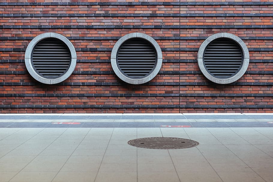 wall, bricks, modern, architecture, air, ventilation, outlet, vent holes, ground, pavement
