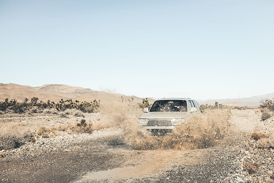 landscape, car, vehicle, van, travel, adventure, transportation, dirt, mud, desert