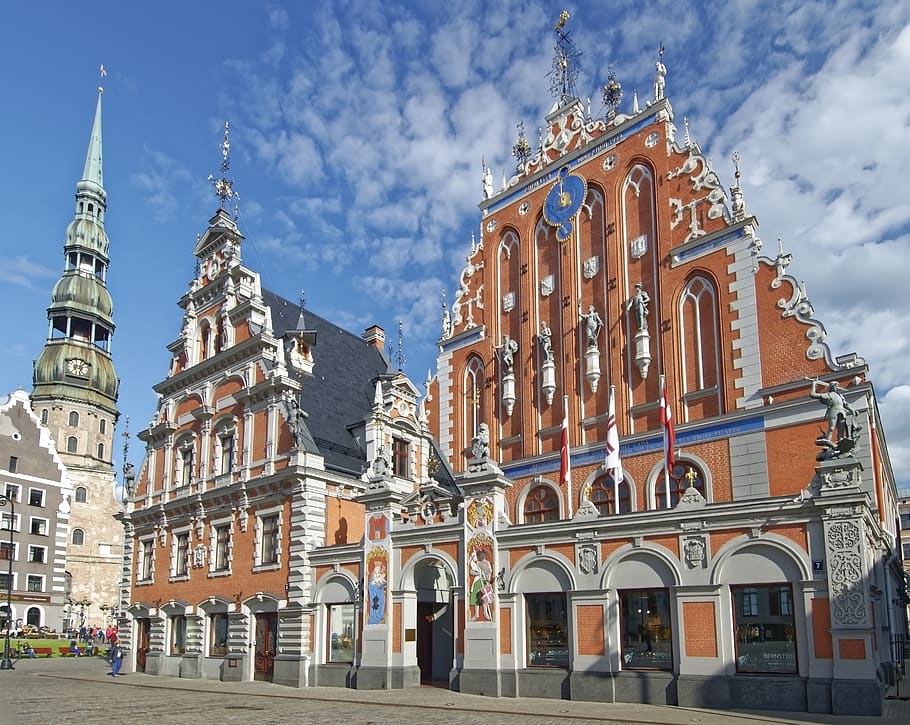 latvia, riga, house of the blackheads, st peter's church, historic center, architecture, facades, houses, historically, baltic states