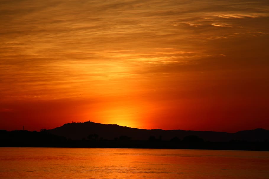 sunset, orange, sky orange, landscape, orange sky, burma, river irrawady, sky, water, beauty in nature