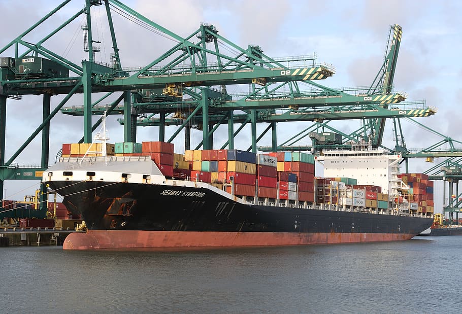 begium, antwerp, harbor, container, ship, cranes, shipment, transport, water, machinery