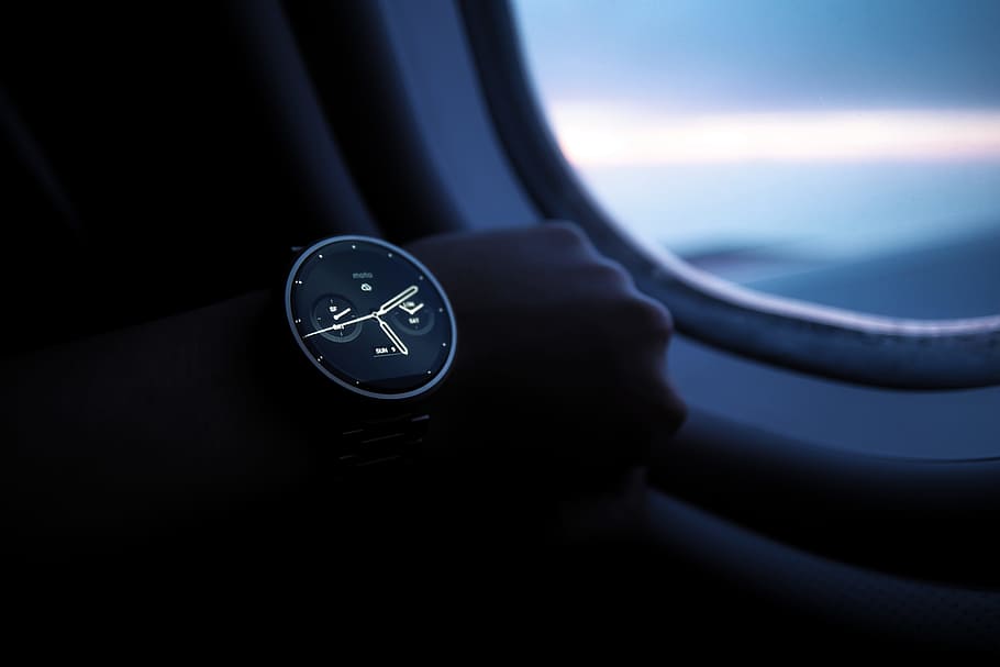 watch, time, clock, airplane, window, flying, travel, trip, transportation, number