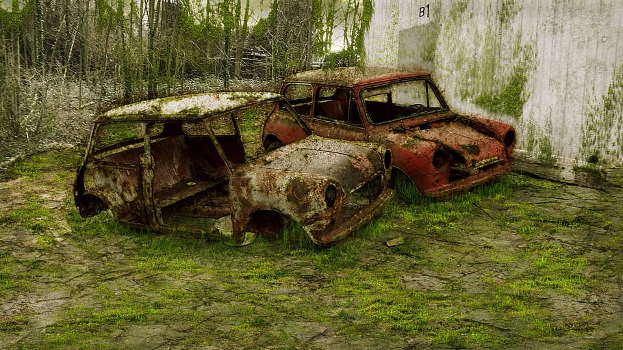 apocalypse, zombies, end time, weird, wrecks, rusted, disaster, scene, atmosphere, surreal
