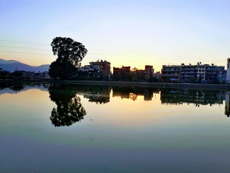 edifícios, linha costeira, nepal, kamalbinayak, bhaktapur, água, reflexão, céu, agua, arquitetura
