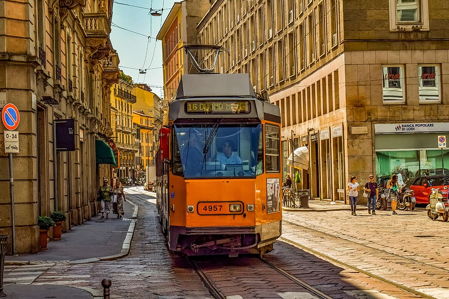 tranvía, calle, ciudad, transporte, urbano, ferrocarril, centro de la ciudad, Milán, Italia, exterior del edificio