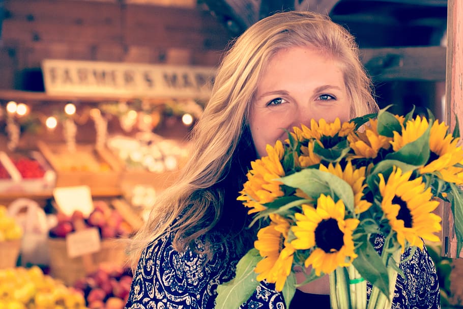 bunga matahari, banyak, orang, gadis, senyum, bahagia, belanja, toko, pasar, buah-buahan