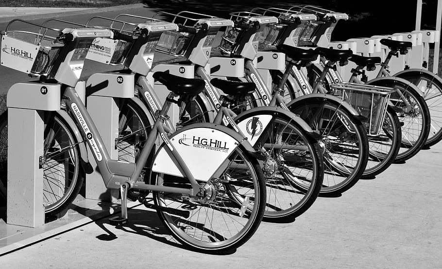 bikes, rentals, transportation, black and white, monochrome, rent, bicycle, borrow, bicycles, bike