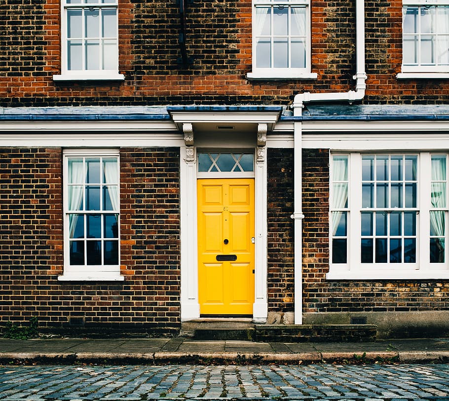 yellow, entrance door, brick home, white, windows, architecture, british, detail, doorway, entrance