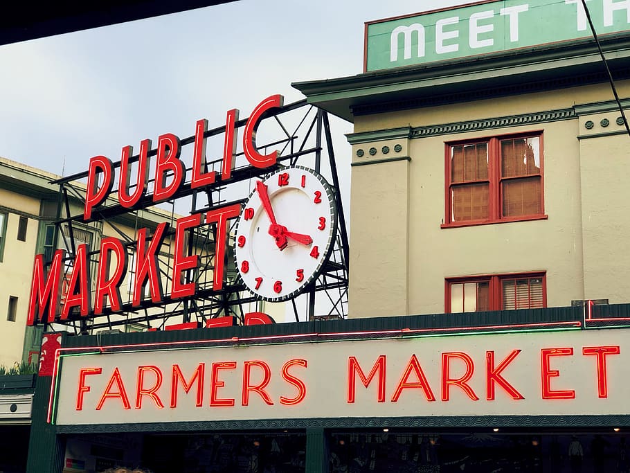 mercado, Seattle, Washington, lucio, lugar, mercado público, comida, punto de referencia, turismo, firmar
