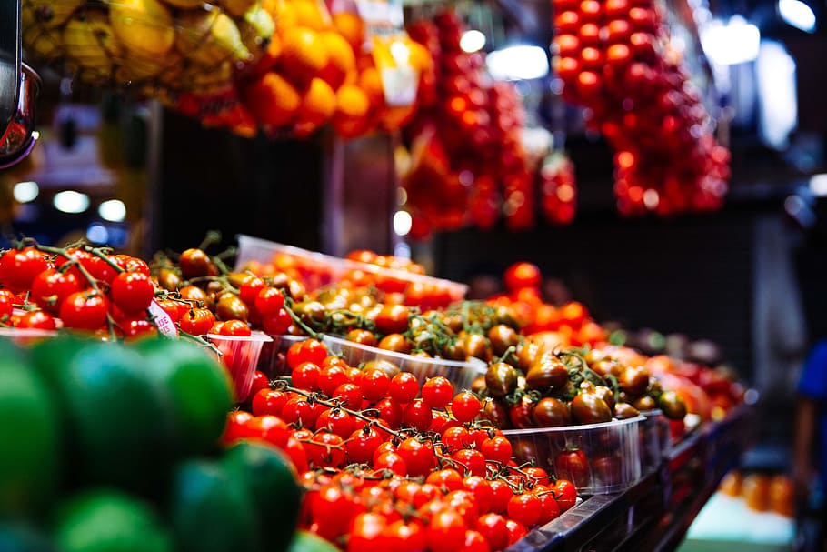 fresh, red, tomatoes, vegetable market, bright, display, green, group, market, meal
