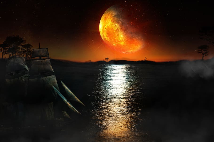 moon, blood, bloody, sailing, boat, ship, sailing-boat, night, dark, sky
