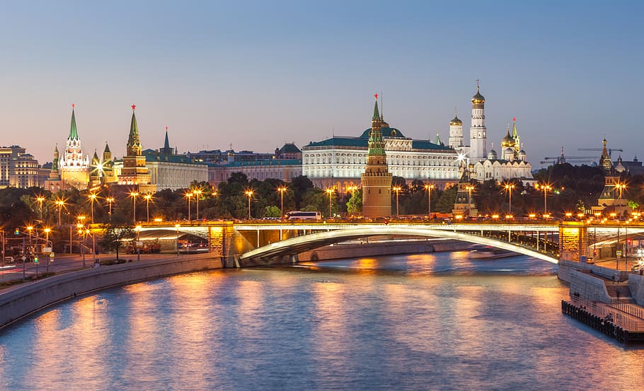 moscow, river, russia, quay, the kremlin, bridge, evening, lights, sunset, city