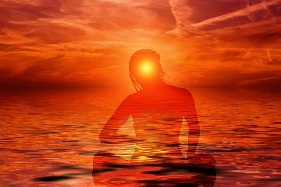 meditation, reflection, woman, person, legged, sunset, wave, circle, middle, center