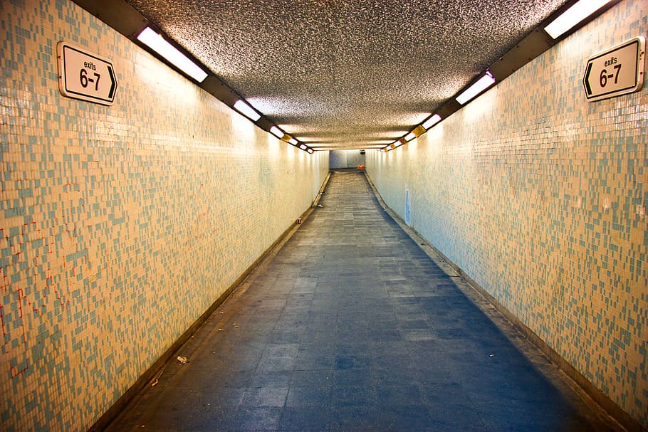 illuminated, empty, underground, Direction, London, No People, Tunnel, United Kingdom, Walkway, arrow
