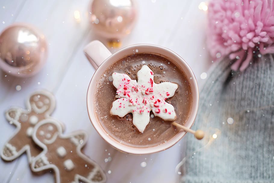 pink, christmas, hot chocolate, cozy, flat lay, gingerbread cookies, xmas, holidays, sweet food, food and drink